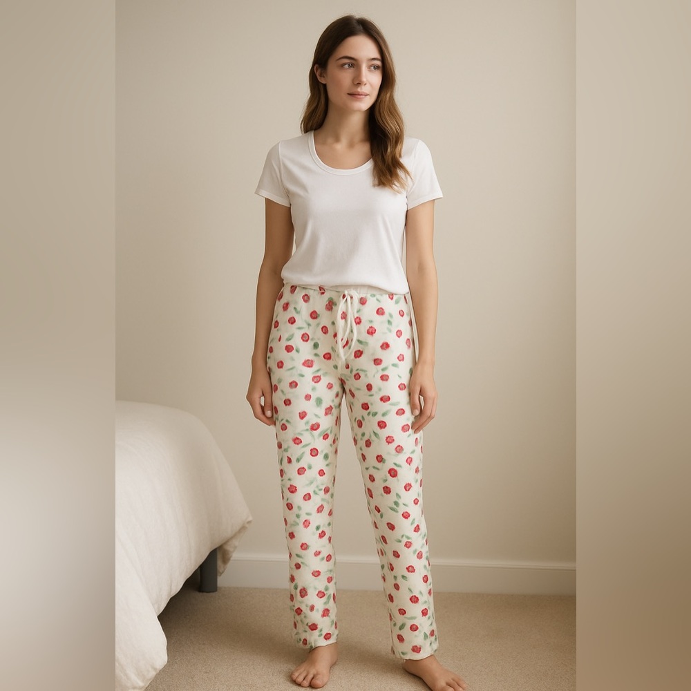 Cuddledown Cherry Print Pima Cotton Pajama Pants White Red Size Medium